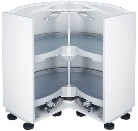 Beschlag mit gesamter Führungsmechanik und Schliessdämpfung
Drehböden mit Anti-Rutsch-Effekt
Sockeladapter kürzbar ES Mondo 90° D silbf. 720/80er